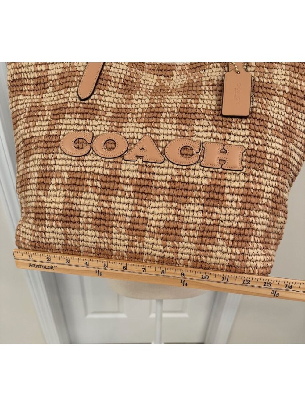 Coach City Tote Gingham Print Woven Straw and Smooth Tan Leather Trim CES22 NWT - Picture 8 of 12